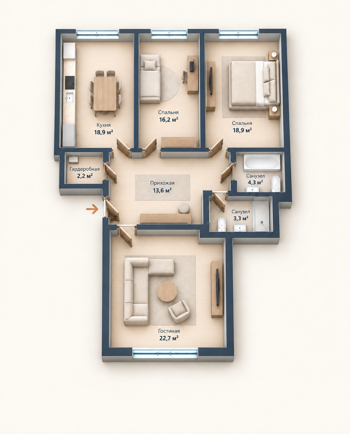 Планировка трехкомнатной квартиры 100,1 м²