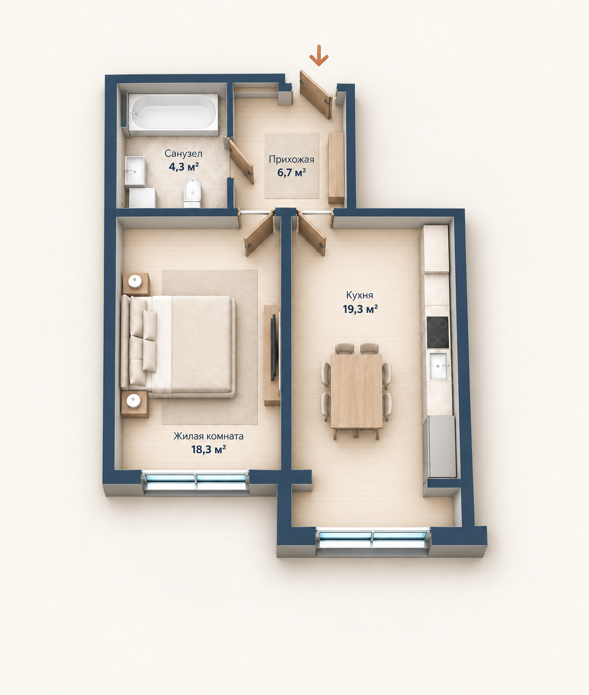 Планировка однокомнатной квартиры 48,6 м²