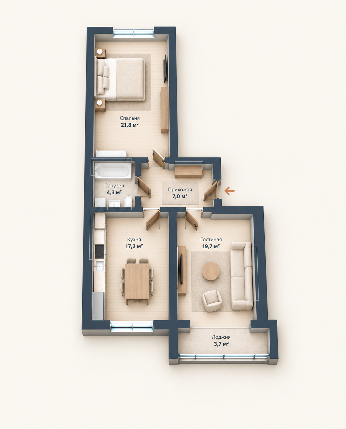 Планировка двухкомнатной квартиры 70,0 м², зеркальный вариант