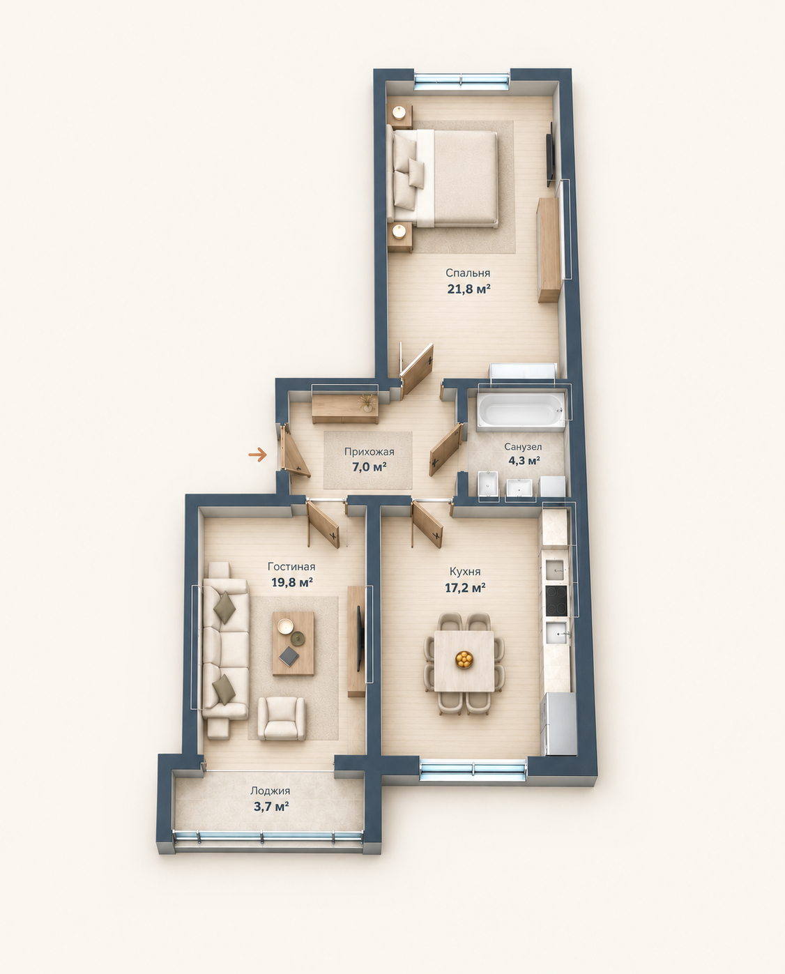 Планировка двухкомнатной квартиры 70,1 м²